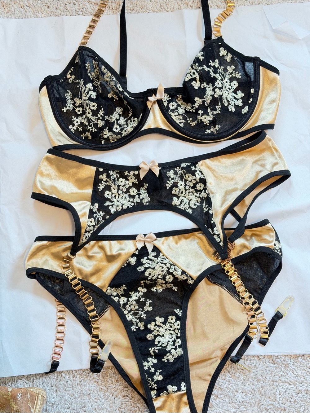 Gold & Black Embroidered Lace Lingerie Set - Women Intimates
